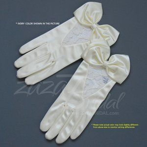 Elegant Women’s Shiny Satin Gloves with Flower Pattern Lace and Bow Trim